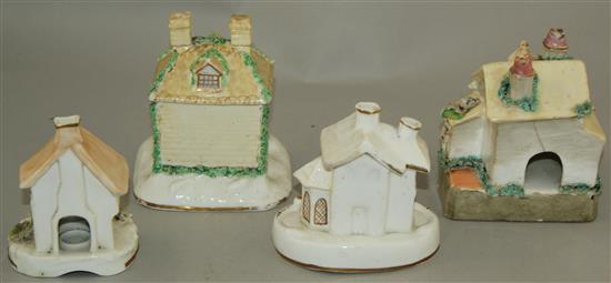 Four Staffordshire porcelain models of cottages, c.1835-50, height 9.5 - 11cm